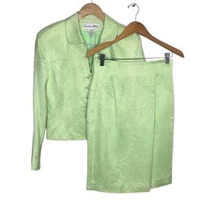 Vintage Christian Dior Bright Green Jacquard Jacket Skirt Suit Set Women Size 8